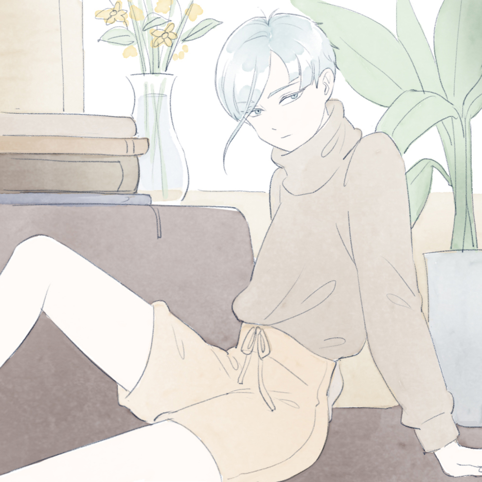 1other alternate_costume androgynous antarcticite blue_eyes colored_eyelashes contemporary couch eyebrows_visible_through_hair flower grey_eyes high_collar houseki_no_kuni humanization indoors long_bangs looking_at_viewer mydeerwitch plant short_hair shorts silver_hair solo vase white_hair