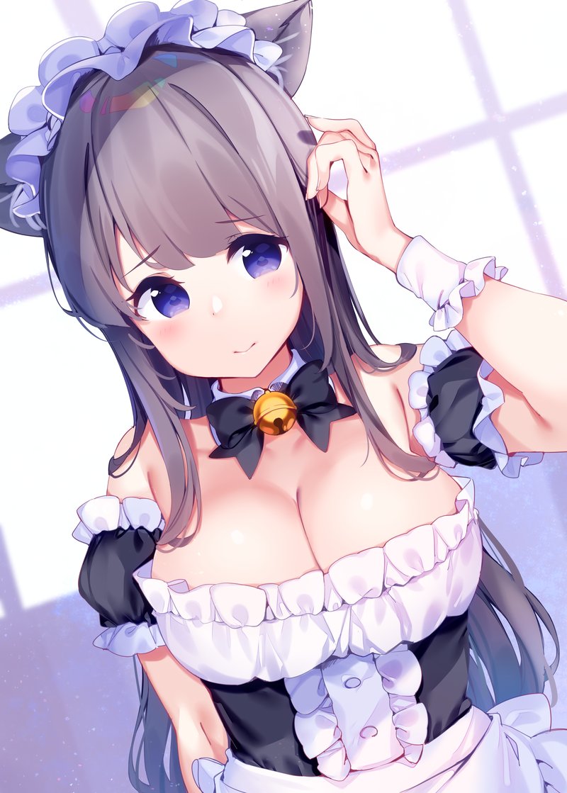 1girl animal_ear_fluff animal_ears apron arm_at_side arm_up bangs bell black_bow black_dress black_sleeves blush bow breasts brown_hair cat_ears center_frills chikuwa. cleavage closed_mouth commentary_request detached_collar detached_sleeves dress dutch_angle eyebrows_visible_through_hair frilled_apron frills jingle_bell large_breasts long_hair looking_at_viewer original puffy_short_sleeves puffy_sleeves short_sleeves smile solo very_long_hair violet_eyes waist_apron white_apron white_collar wing_collar