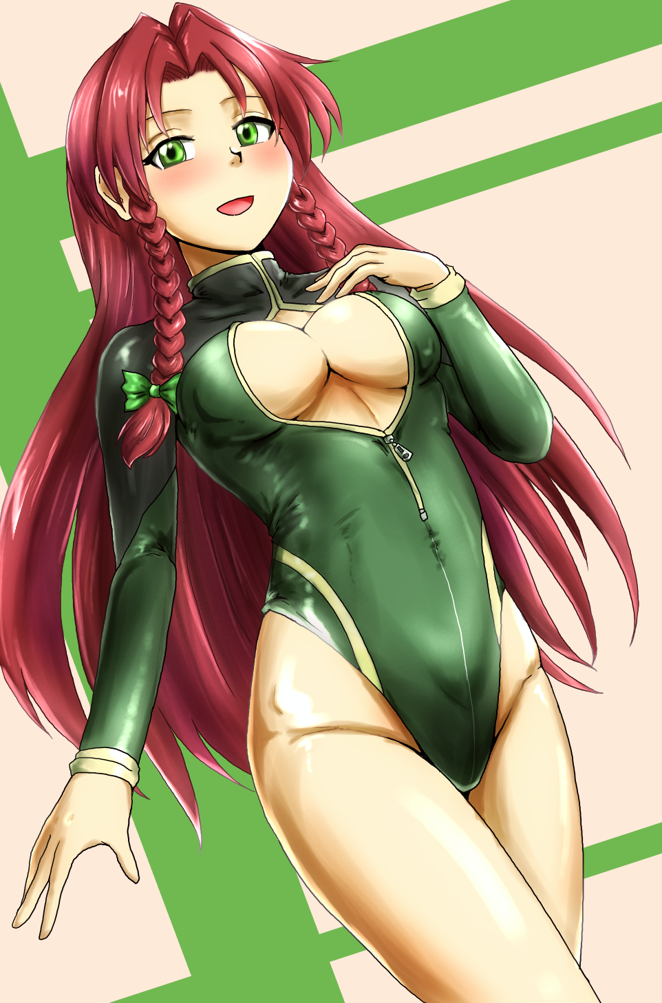 1girl :d bangs blush breast_suppress breasts center_opening commentary_request covered_collarbone covered_navel d-m_(dii_emu) eyebrows_behind_hair eyelashes green_eyes hair_spread_out half-closed_eyes hand_up highres hong_meiling long_hair long_sleeves looking_at_viewer open_mouth parted_bangs redhead skin_tight smile solo touhou under_boob unzipped very_long_hair zipper_pull_tab