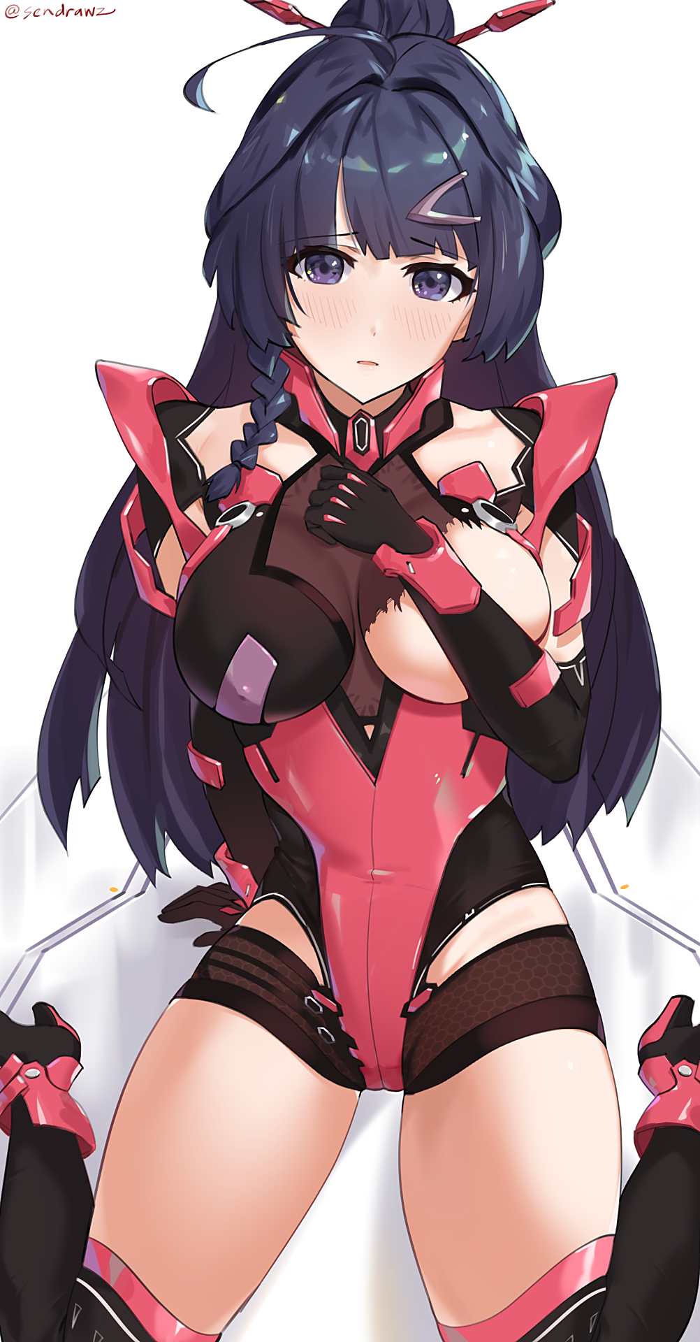 1girl ahoge artist_name blush braid breasts cleavage commentary covered_nipples elbow_gloves eyebrows_visible_through_hair gloves hair_ornament hairpin hand_on_own_chest high_heels highres honkai_impact kneeling long_hair looking_at_viewer open_mouth pink_armor ponytail purple_hair raiden_mei sendrawz side_braid solo thigh-highs thighs torn_clothes violet_eyes white_background