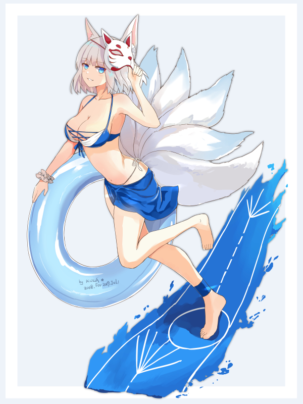 animal_ears azur_lane bangs bikini blunt_bangs eyeliner eyeshadow fox_ears fox_girl fox_mask fox_tail holding holding_mask innertube kaga_(azur_lane) kitsune kkkula_(kula) makeup mask mask_on_head multiple_tails sarong swimsuit tail white_hair