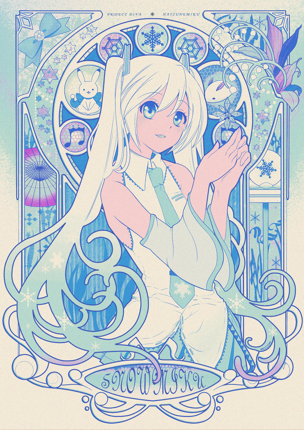 1girl :d alphonse_mucha_(style) beamed_eighth_notes blue_eyes blue_hair blue_neckwear blue_ribbon character_name detached_sleeves eyebrows_visible_through_hair gradient gradient_hair hair_ornament hands_together happy hatsune_miku highres long_hair looking_away maronie. multicolored_hair musical_note necktie open_mouth parody rabbit ribbon shirt sleeveless sleeveless_shirt smile snow_bunny snowflake_hair_ornament snowflake_print snowflakes solo star style_parody twintails upper_body very_long_hair vocaloid white_hair white_shirt yuki_miku yukine_(vocaloid)