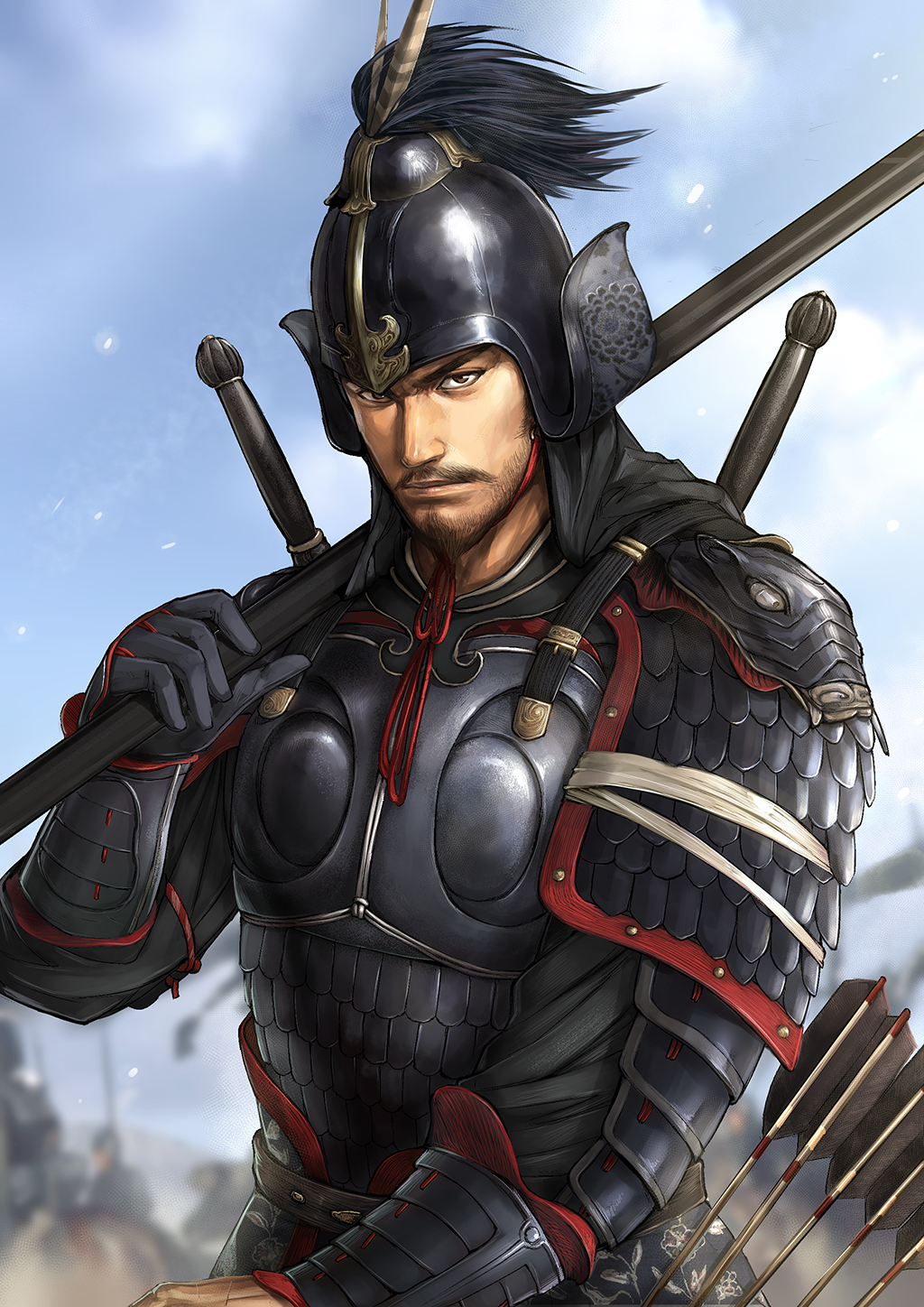 3boys armor arrow black_gloves blue_sky blurry blurry_background brown_eyes brown_hair day facial_hair floral_print gloves hand_up hat_feather helmet highres horseback_riding kevin.h looking_at_viewer multiple_boys mustache nobunaga_no_yabou outdoors over_shoulder riding scar sky solo_focus