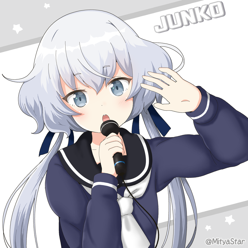 1girl arm_up bangs black_sailor_collar blue_ribbon blue_shirt blush character_name commentary_request eyebrows_visible_through_hair grey_background grey_eyes hair_between_eyes hair_ribbon hand_up head_tilt holding holding_microphone konno_junko long_hair long_sleeves looking_at_viewer low_twintails microphone miicha open_mouth ribbon sailor_collar shirt silver_hair sleeves_past_wrists solo star twintails twitter_username two-tone_background upper_body upper_teeth very_long_hair white_background white_neckwear zombie_land_saga