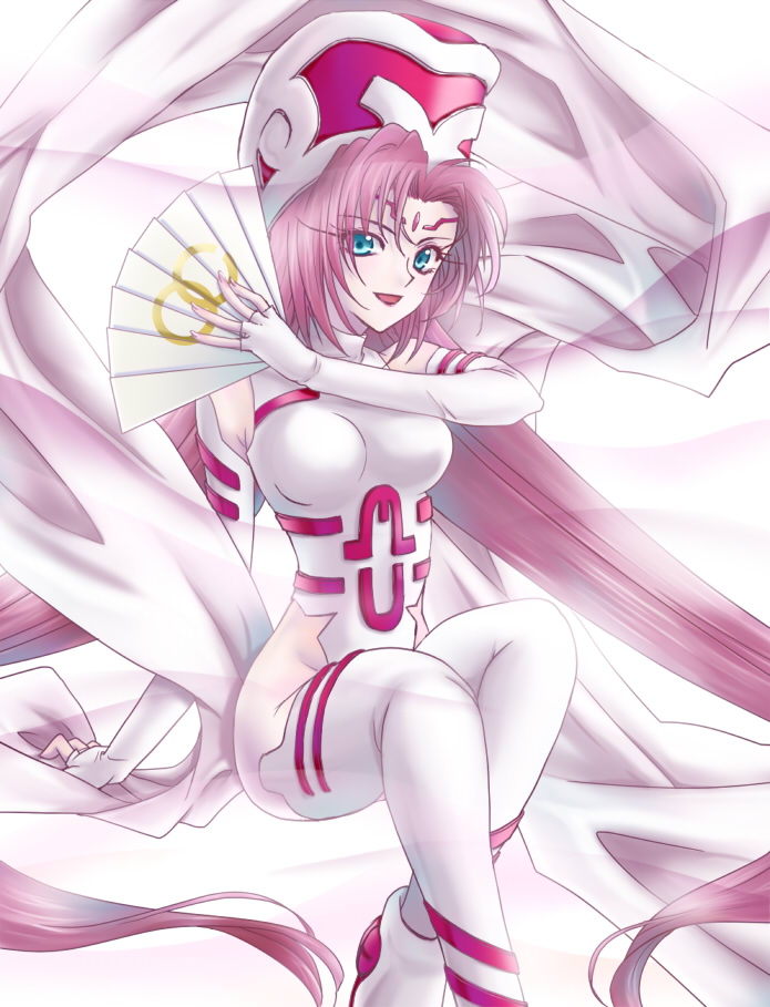 1girl arm_support bangs bare_shoulders blue_eyes breasts elbow_gloves facial_mark fan forehead_mark gloves hagoromo hat highleg highleg_leotard holding holding_fan houshin_engi leotard long_eyelashes long_hair medium_breasts open_mouth pink_hair shawl sirotuka_lambda sitting smile so_dakki solo thigh-highs very_long_hair white_footwear white_legwear