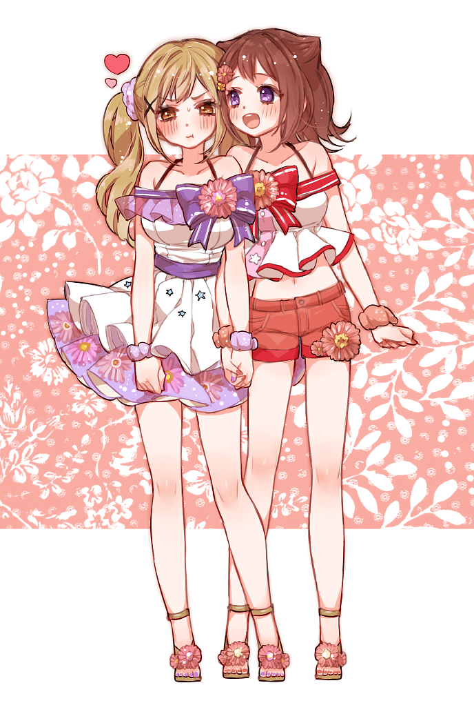 2girls :d :t bare_shoulders blonde_hair blush bow brown_hair chino_machiko commentary_request contrapposto copyright_request dress embarrassed fingernails flower hair_flaps hair_ornament hair_scrunchie halterneck hand_holding heart long_hair multiple_girls nail_polish navel open_mouth pink_scrunchie purple_bow purple_nails red_bow red_flower red_nails red_shorts round_teeth sandals sash scrunchie short_shorts shorts smile standing sweatdrop teeth twintails violet_eyes white_dress wrist_scrunchie