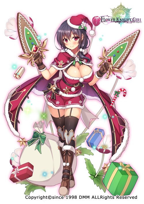 1girl back_bow black_bow black_hair black_legwear blush boots bow breasts brown_footwear candy candy_cane cape christmas cleavage closed_mouth dual_wielding flower flower_knight_girl food full_body fur_trim gift hat holding holding_weapon knee_boots large_breasts looking_at_viewer night_phlox_(flower_knight_girl) object_namesake official_art red_cape red_eyes red_hat red_skirt santa_costume santa_hat short_hair skirt smile solo sparkle standing thigh-highs thigh_strap utsurogi_akira weapon white_bow zettai_ryouiki