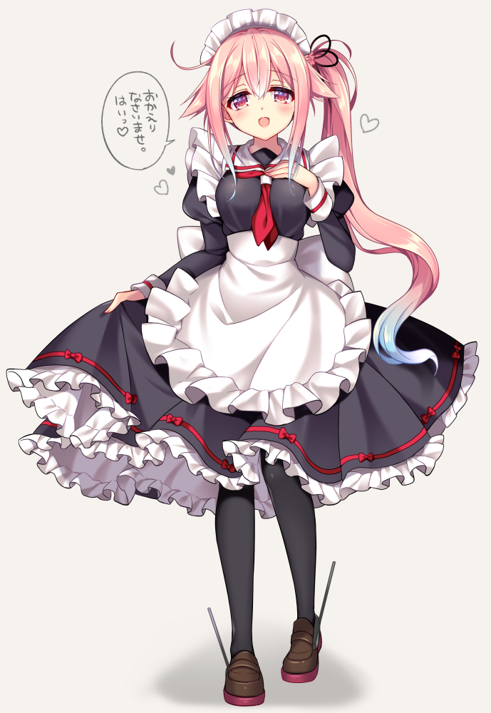 1girl alternate_costume apron black_dress black_legwear blue_hair blush breasts commentary_request dress enmaided eyebrows_visible_through_hair gradient_hair hair_between_eyes hair_flaps hair_ornament hand_on_own_chest harusame_(kantai_collection) heart holding_dress kantai_collection long_hair looking_at_viewer maid maid_headdress medium_breasts multicolored_hair neckerchief open_mouth pantyhose pink_eyes pink_hair red_neckwear ringo_sui side_ponytail sidelocks simple_background smile solo very_long_hair white_apron