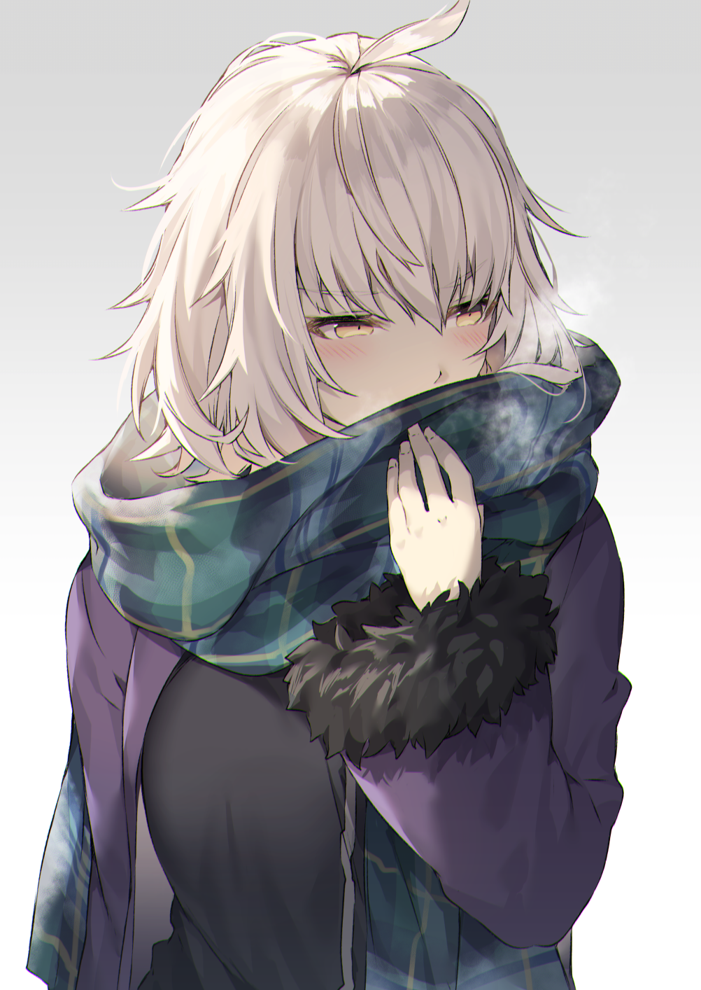 1girl alternate_costume bangs breasts coat commentary_request fate/grand_order fate_(series) fur_collar fur_trim gradient gradient_background grey_background highres itohana jeanne_d'arc_(alter)_(fate) jeanne_d'arc_(fate)_(all) large_breasts plaid plaid_scarf scarf short_hair silver_hair solo steaming_body tsurime winter_clothes winter_coat yellow_eyes