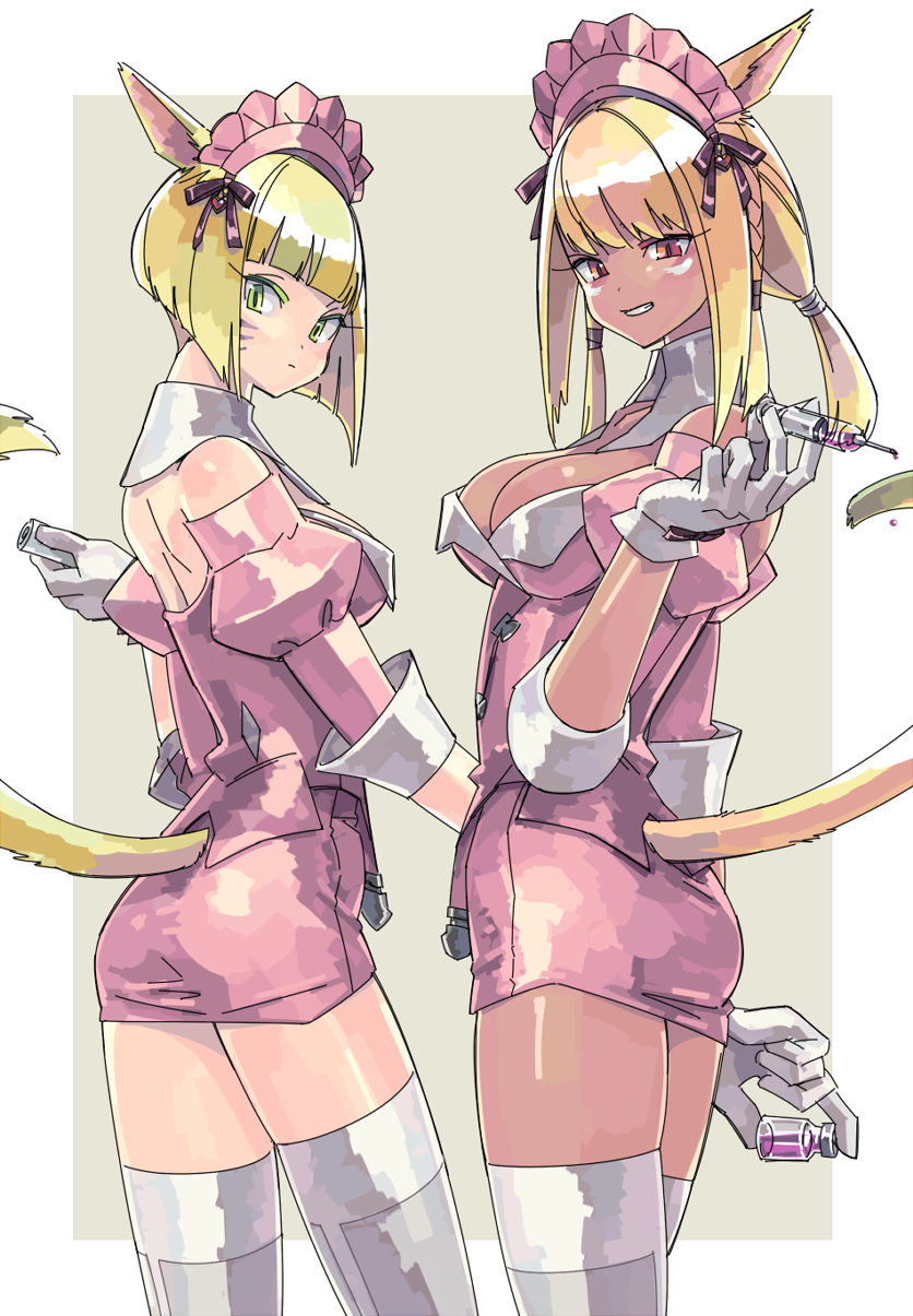 2girls animal_ears bangs bare_shoulders blonde_hair blunt_bangs border breasts cat_ears cat_tail cleavage dark_skin detached_collar detached_sleeves facial_mark final_fantasy final_fantasy_xiv from_behind gloves green_eyes highres hiyo_moo holding large_breasts looking_at_viewer looking_back maid_headdress medium_hair miqo'te multiple_girls pencil_skirt red_eyes short_hair simple_background skirt smile standing strapless syringe tail thigh-highs vial whisker_markings white_border white_gloves white_legwear