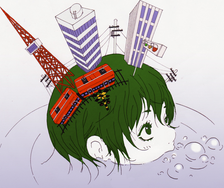 1girl bubble building commentary_request flat_color gradient gradient_background green_eyes green_hair ground_vehicle original power_lines railroad_crossing railroad_tracks short_hair skyscraper solo telephone_pole traffic_light train water white_skin yokotakumi