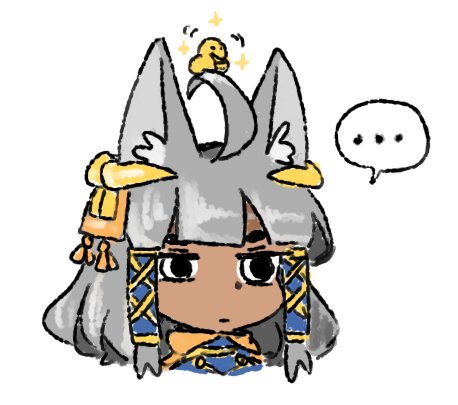 ... 1girl ahoge animal_ears anubis_(monster_girl_encyclopedia) bangs bird black_eyes blunt_bangs chick chick_on_head closed_mouth commentary dark_skin english_commentary grey_hair hair_ornament jewelry jitome latenight looking_at_viewer lowres monster_girl_encyclopedia motion_lines portrait solo sparkle spoken_ellipsis wolf_ears