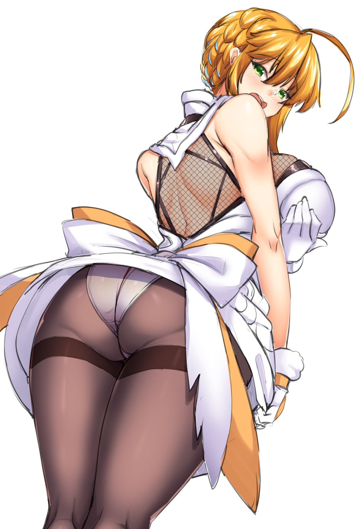 1girl ahoge arm_at_side artoria_pendragon_(all) artoria_pendragon_(lancer) ass bangs bare_shoulders black_legwear blonde_hair blush breast_hold breasts cowboy_shot dress dutch_angle eyebrows_visible_through_hair fate/grand_order fate_(series) fishnet_top gloves green_eyes hair_between_eyes highres large_breasts leaning_forward long_hair looking_at_viewer open_mouth panties panties_under_pantyhose pantyhose shirokuma_a short_dress sidelocks simple_background solo swept_bangs thighband_pantyhose underwear white_dress white_gloves