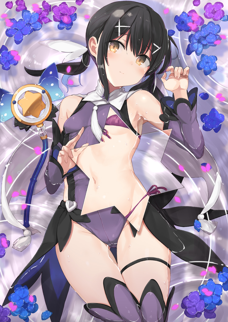 1girl bikini black_hair blush breasts brown_eyes detached_sleeves expressionless fate/kaleid_liner_prisma_illya fate_(series) flower front-tie_bikini front-tie_top hair_ornament leotard lying magical_sapphire miyu_edelfelt nanananana navel on_back partially_submerged petals purple_bikini purple_legwear revealing_cutout side-tie_bikini sidelocks small_breasts string_bikini swimsuit thigh-highs thighlet twintails wet x_hair_ornament