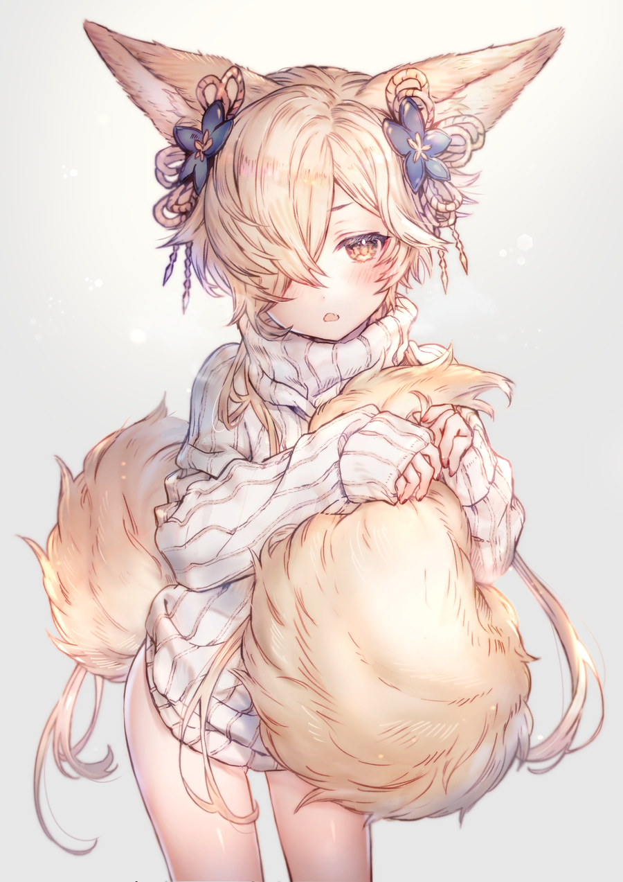 1boy animal_ears bangs bare_legs blonde_hair blush commentary_request contrapposto cow_boy crossdressinging dress erune fang fingernails fox_ears fox_tail granblue_fantasy hair_ornament hair_over_one_eye highres kou_(granblue_fantasy) large_tail long_hair looking_at_viewer one_eye_covered open_mouth ribbed_sweater shigaraki_(strobe_blue) simple_background sleeves_past_wrists solo standing sweater sweater_dress tail tail_hug white_background white_sweater yellow_eyes