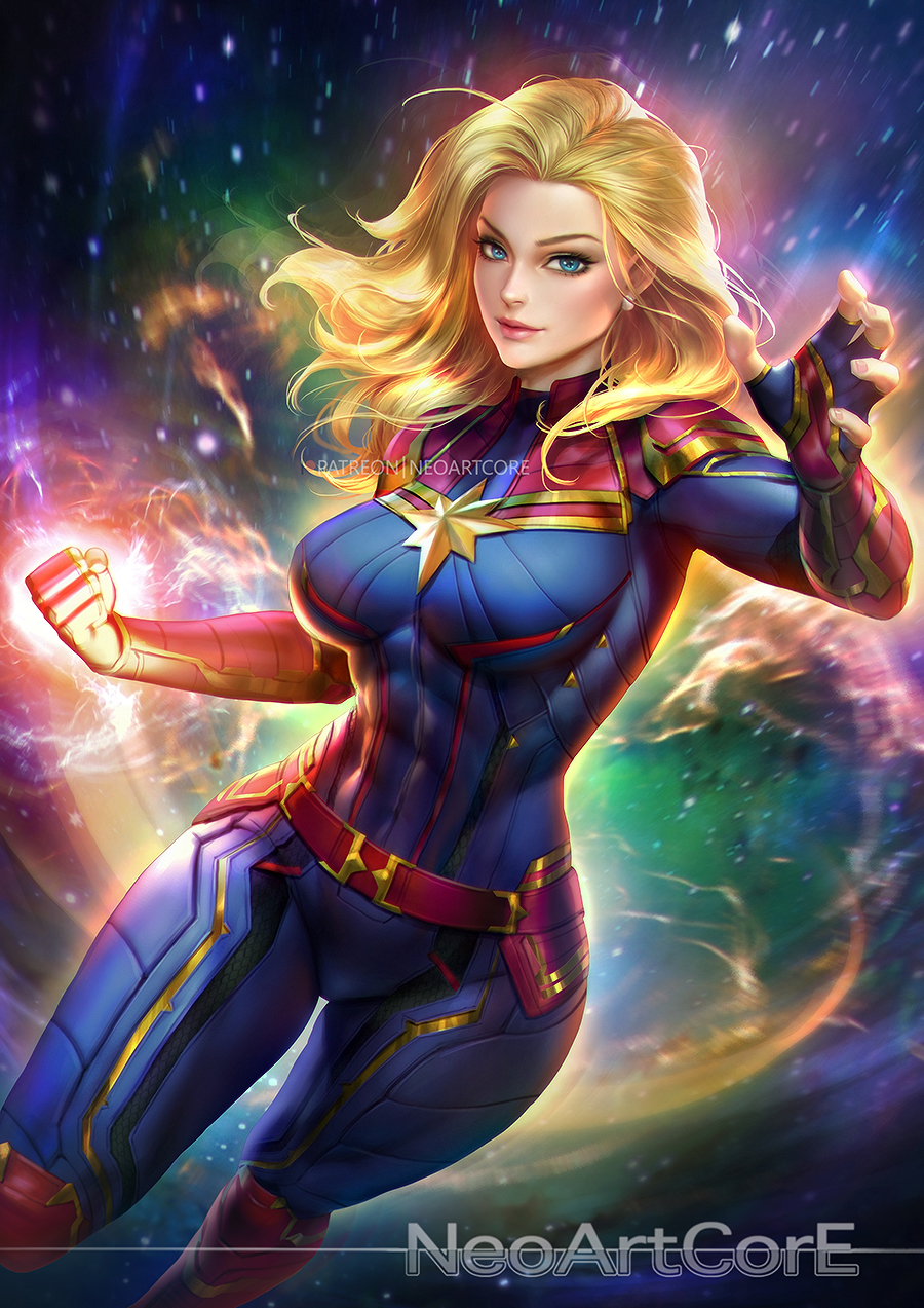 1girl abs blonde_hair blue_eyes bodysuit breasts captain_marvel carol_danvers earrings fingerless_gloves gloves highres impossible_bodysuit impossible_clothes jewelry large_breasts marvel ms._marvel nudtawut_thongmai skin_tight sky smile solo star_(sky) starry_sky stud_earrings tagme