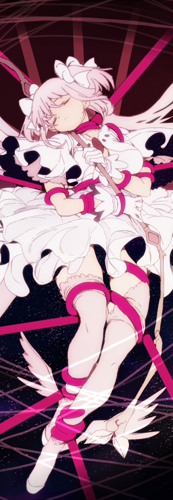 1girl bow_(weapon) breasts closed_eyes dress edoya_inuhachi expressionless frilled_dress frilled_sleeves frills full_body gloves goddess_madoka hair_ribbon head_tilt holding holding_weapon kaname_madoka mahou_shoujo_madoka_magica night night_sky open_mouth pink_hair ribbon sky solo star_(sky) starry_sky thigh-highs twintails weapon white_dress white_gloves white_ribbon wings