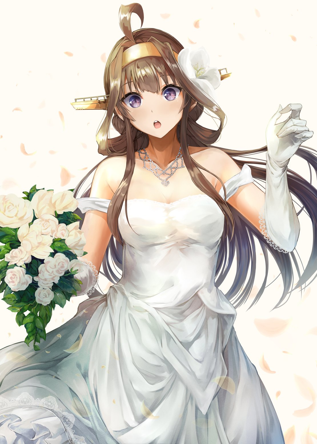 ahoge bare_shoulders blush bouquet breasts brown_hair cleavage diamond double_bun dress elbow_gloves floating_hair flower gloves hair_flower hair_ornament hairband hand_up head_tilt highres holding holding_bouquet jewelry kantai_collection kongou_(kantai_collection) konkito lace lace-trimmed_dress lace-trimmed_gloves large_breasts long_hair looking_at_viewer necklace off-shoulder_dress off_shoulder open_mouth petals remodel_(kantai_collection) solo tareme violet_eyes white_dress white_flower