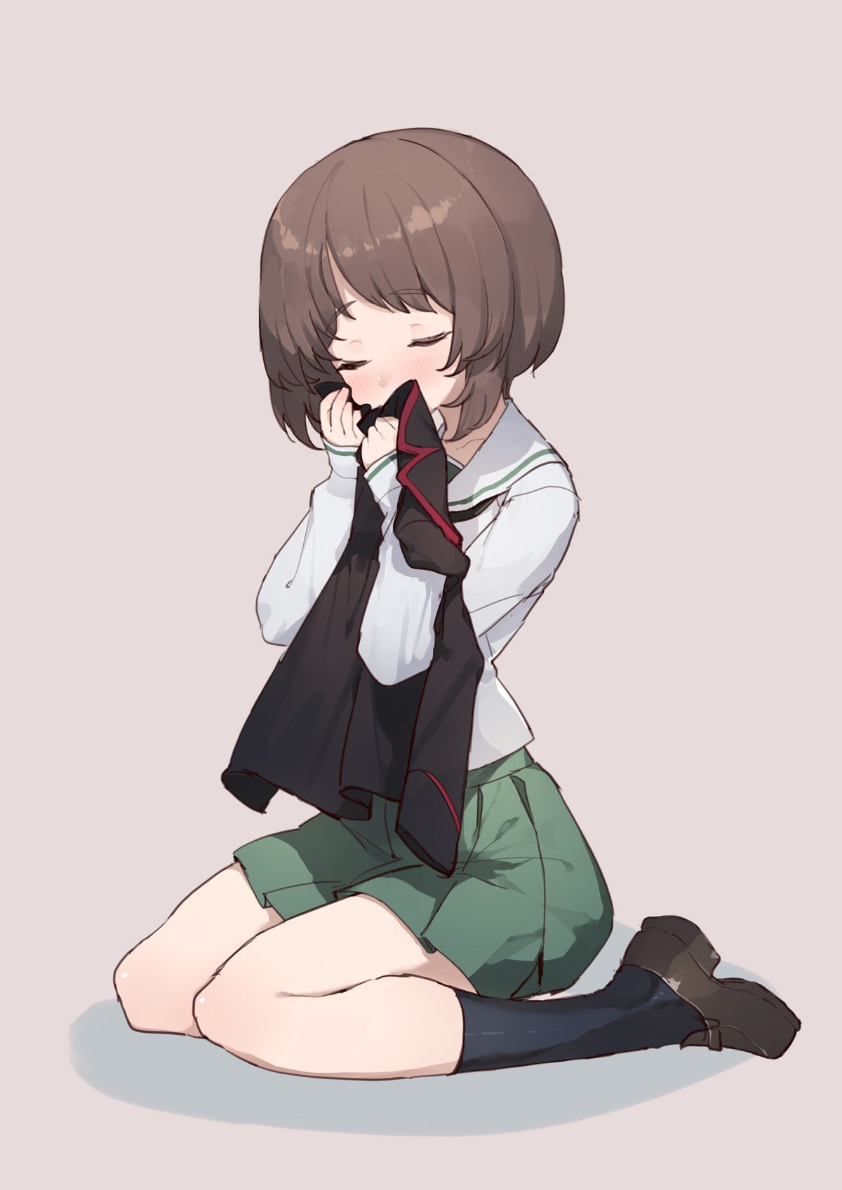 1girl bangs black_legwear black_neckwear blouse blush brown_footwear brown_hair closed_eyes clothes_sniffing eyebrows_visible_through_hair girls_und_panzer green_skirt grey_background head_tilt highres holding holding_jacket jacket kuromorimine_military_uniform loafers long_sleeves miniskirt neckerchief nishizumi_miho ooarai_school_uniform pleated_skirt school_uniform serafuku sh_(562835932) shadow shoes short_hair simple_background sitting skirt smelling socks solo wariza white_blouse