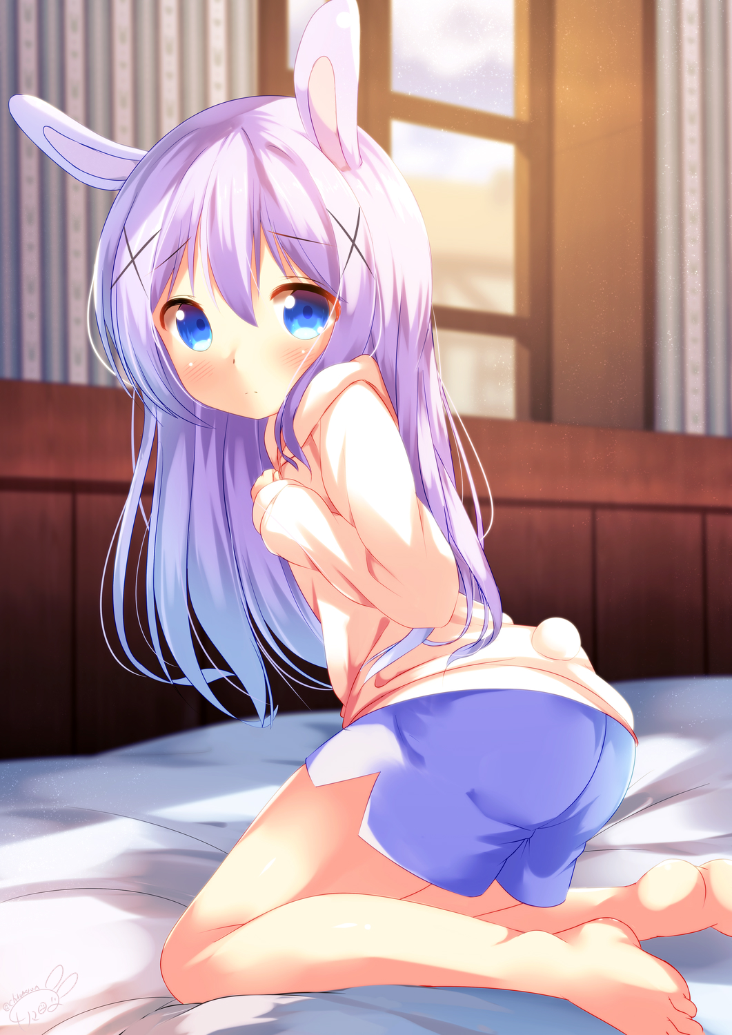 1girl animal_ears bangs bare_legs barefoot blue_eyes blue_shorts blue_sky blurry blurry_background blush brown_hoodie bunny_girl bunny_tail chinomaron clouds cloudy_sky commentary_request curtains day depth_of_field eyebrows_visible_through_hair gochuumon_wa_usagi_desu_ka? hair_between_eyes hair_ornament hand_up highres hood hood_down hoodie indoors kafuu_chino kemonomimi_mode long_hair long_sleeves looking_at_viewer looking_to_the_side purple_hair rabbit_ears short_shorts shorts sky soles solo tail very_long_hair window x_hair_ornament