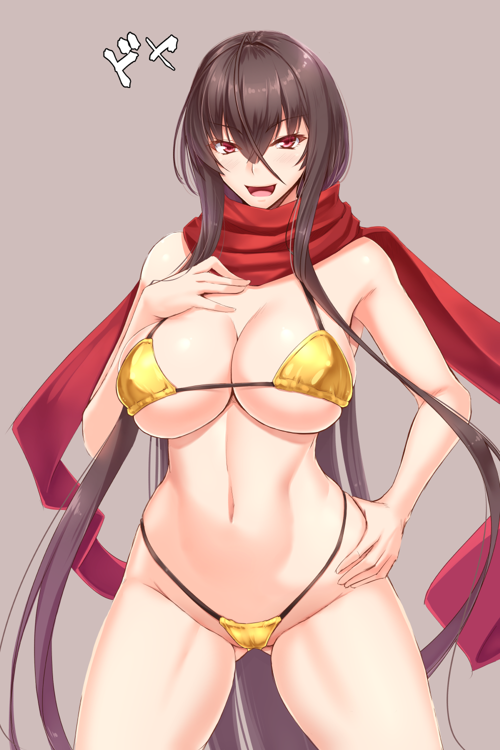 1girl :d beige_background bikini black_hair blush breasts cleavage eyebrows_visible_through_hair groin hair_between_eyes hand_on_hip highres kurochijo long_hair looking_at_viewer navel open_mouth original scarf shuugetsu_karasu simple_background smile solo swimsuit very_long_hair violet_eyes yellow_bikini