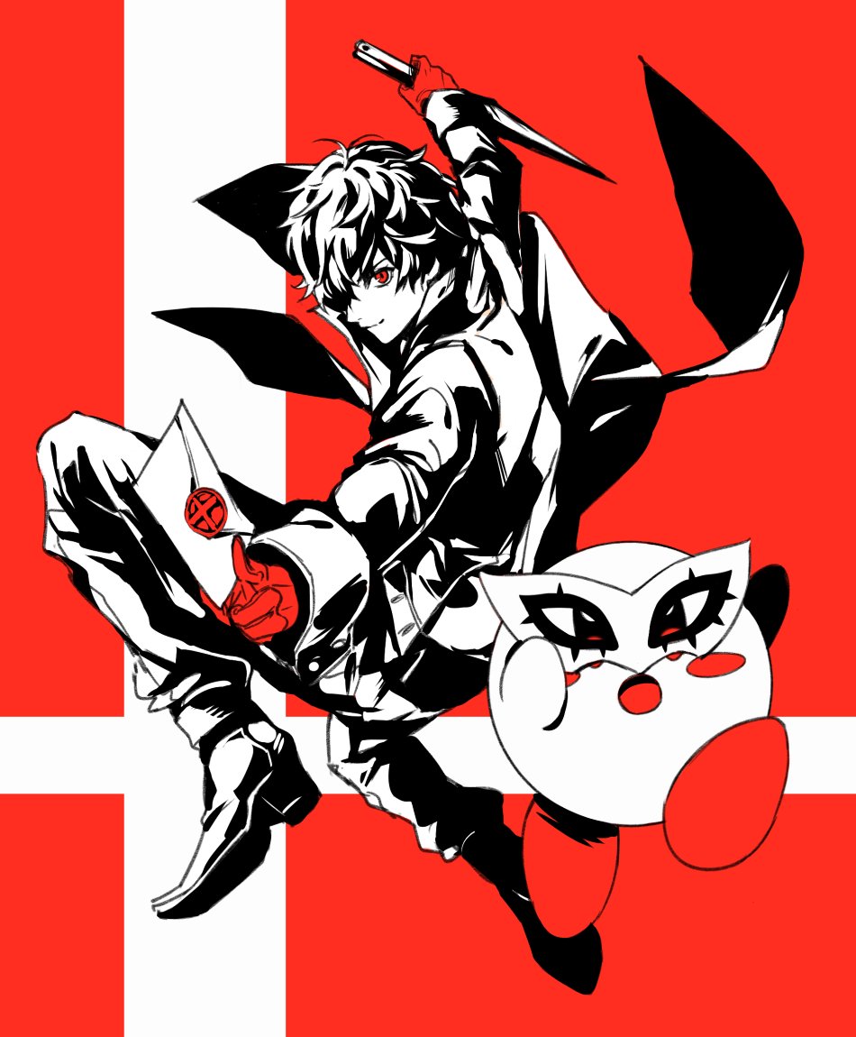 1boy 1other amamiya_ren atlus black_hair card copy_ability curly_hair full_body gloves hal_laboratory_inc. hoshi_no_kirby jacket kamu_(kamuuei) kirby kirby_(series) looking_at_viewer male_focus mask megami_tensei monochrome nintendo open_mouth persona persona_5 red_eyes red_gloves short_hair simple_background smile sora_(company) super_smash_bros. super_smash_bros._ultimate