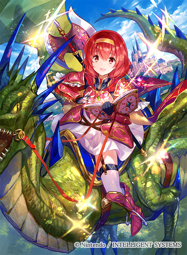 1girl alternate_costume armor axe dragon fire_emblem fire_emblem:_mystery_of_the_emblem fire_emblem_cipher fuji_choko hairband headband long_hair looking_at_viewer maria_(fire_emblem) nintendo official_art open_mouth red_eyes redhead short_hair simple_background smile solo wings