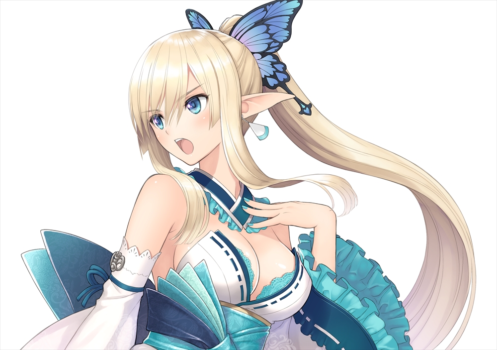 1girl aqua_nails bangs bare_shoulders blonde_hair blue_eyes blue_ribbon breasts butterfly_hair_ornament cleavage collar detached_collar detached_sleeves earrings eyebrows_visible_through_hair fingernails frilled_shirt_collar frilled_sleeves frills hair_between_eyes hair_ornament hand_on_own_chest hand_up japanese_clothes jewelry kirika_towa_alma long_hair looking_away medium_breasts nail_polish obi official_art open_mouth pointy_ears ponytail ribbon sash shining_(series) shining_resonance shiny shiny_hair shiny_skin sidelocks simple_background solo strapless tanaka_takayuki upper_body white_background wide_sleeves