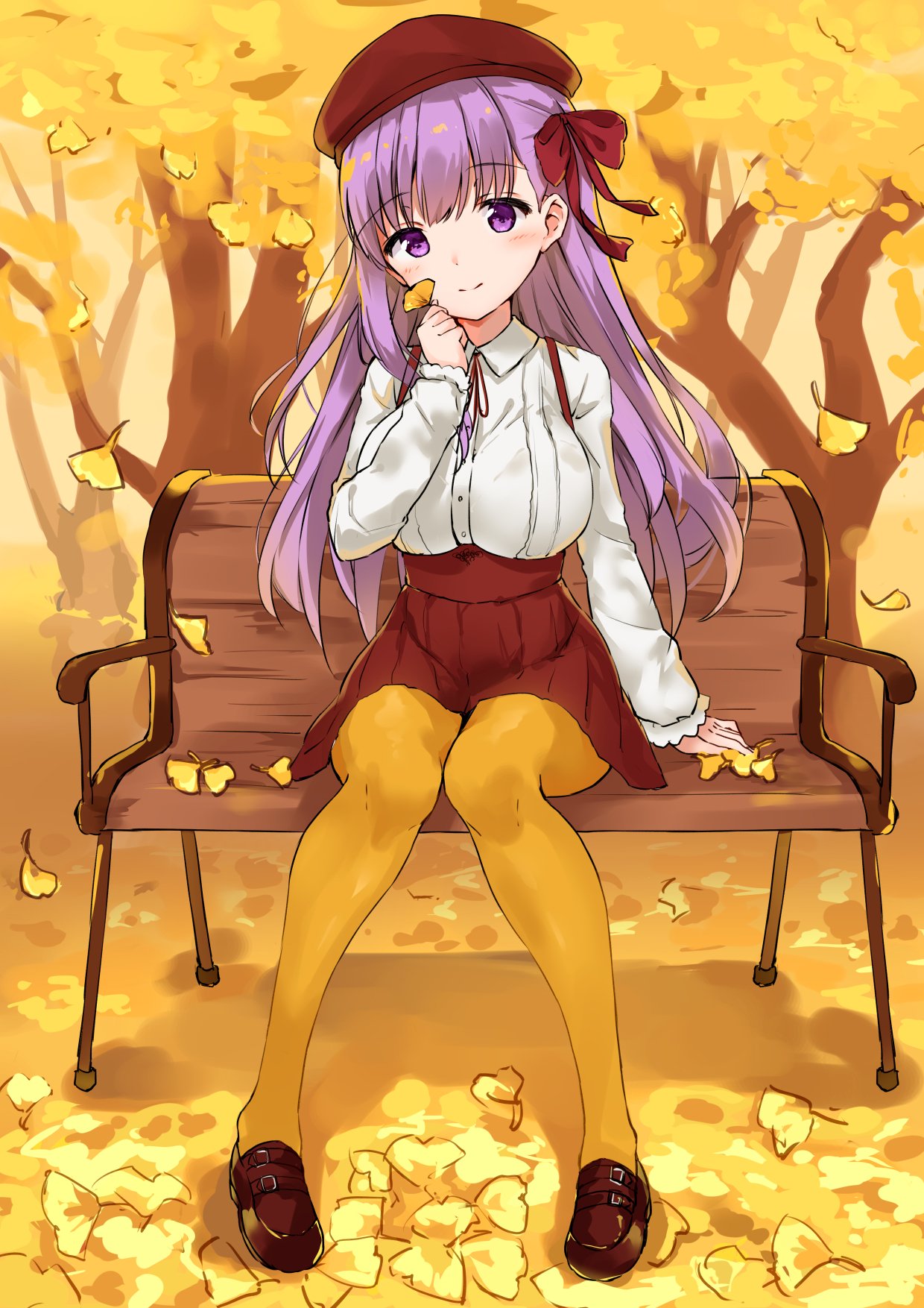 1girl autumn_leaves bangs bench beret blush breasts brown_footwear closed_mouth collared_shirt copyright_request dress_shirt eyebrows_visible_through_hair full_body ginkgo ginkgo_leaf hair_ribbon hat head_tilt high-waist_skirt highres holding holding_leaf knees_together_feet_apart large_breasts leaf loafers long_hair long_sleeves looking_at_viewer minikon neck_ribbon outdoors pantyhose park_bench purple_hair red_hat red_neckwear red_ribbon red_skirt ribbon shirt shoes sitting skirt smile solo suspender_skirt suspenders violet_eyes white_shirt yellow yellow_legwear