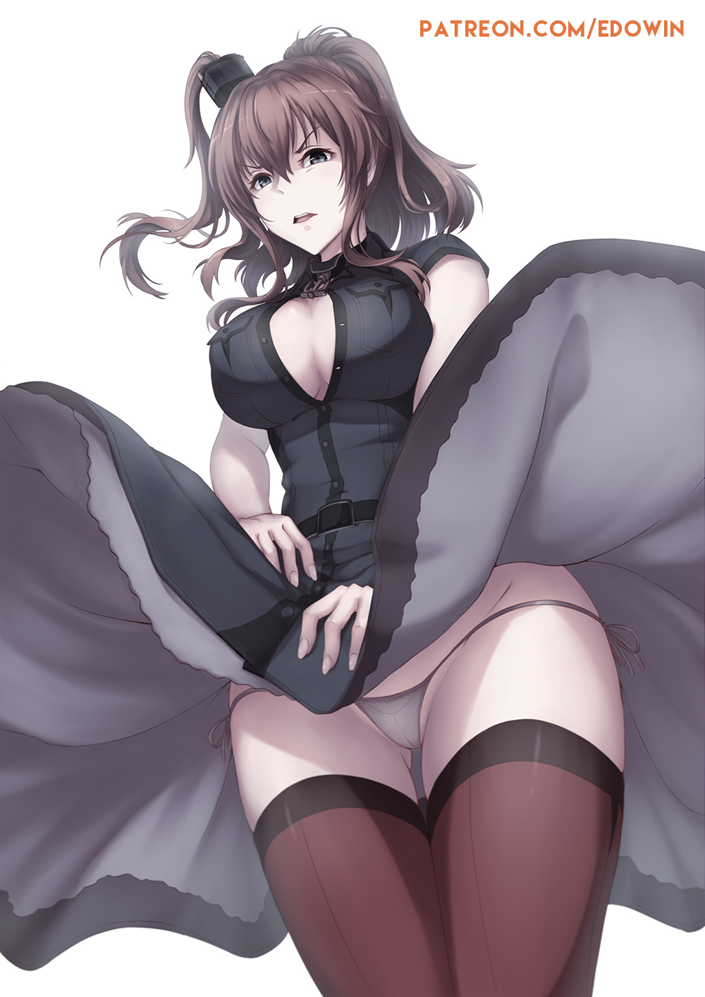 1girl ass_visible_through_thighs bangs black_dress blue_eyes breast_pocket breasts brown_hair brown_legwear center_opening crotch_seam dress edwin_(cyberdark_impacts) gesugao glaring hair_between_eyes highres kantai_collection large_breasts long_hair looking_at_viewer open_mouth out_of_character panties patreon_username pocket ponytail saratoga_(kantai_collection) shaded_face side-tie_panties side_ponytail sidelocks simple_background smokestack solo thigh-highs thighs underwear white_background white_panties wind wind_lift