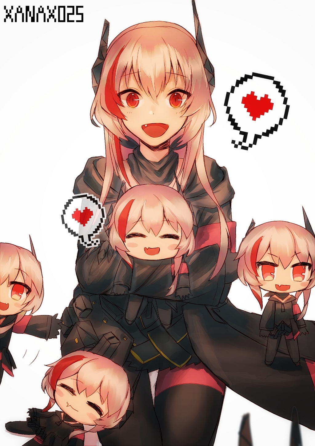 &gt;:d 5girls :d armband artist_name black_gloves blush chibi closed_eyes fang girls_frontline gloves heart highres jacket long_hair long_sleeves looking_at_viewer m4_sopmod_ii_(girls_frontline) multicolored_hair multiple_girls open_mouth pink_hair pixel_heart red_eyes redhead simple_background smile spoken_heart streaked_hair white_background xanax025