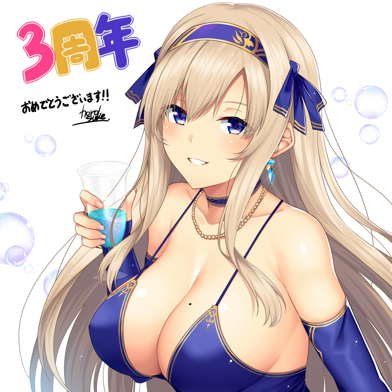 1girl armpit_crease bangs bare_shoulders blonde_hair blue_choker blue_dress blue_eyes blue_ribbon blush brave_girl_ravens breasts bridal_gauntlets bubble_background choker cleavage collarbone cup dress drink earrings elbow_gloves glint gloves grin hair_ribbon hairband holding holding_cup horosuke_(toot08) jewelry kairi_(brave_girl_ravens) large_breasts long_hair looking_at_viewer mole mole_on_breast ribbon sidelocks smile solo spaghetti_strap teeth translated upper_body white_background