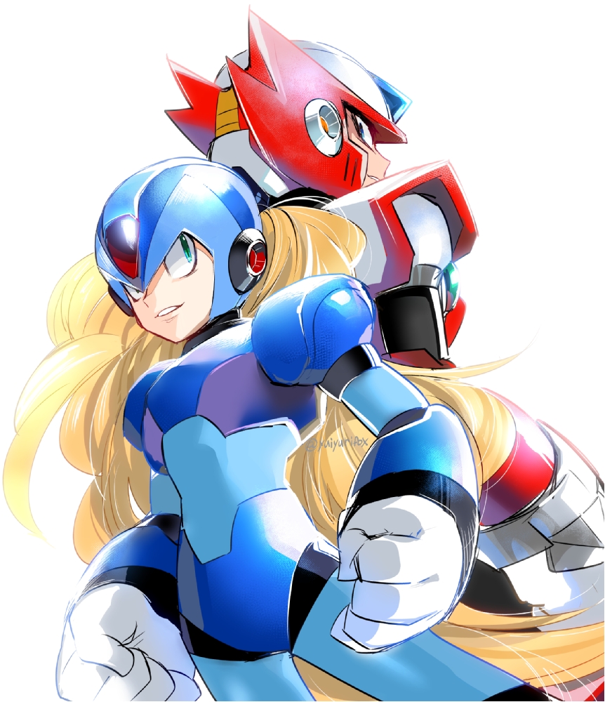 2boys android back-to-back blonde_hair blue_eyes gloves green_eyes helmet long_hair male_focus multiple_boys rockman rockman_x simple_background white_background white_gloves x_(rockman) yuriyuri_(ccc) zero_(rockman)