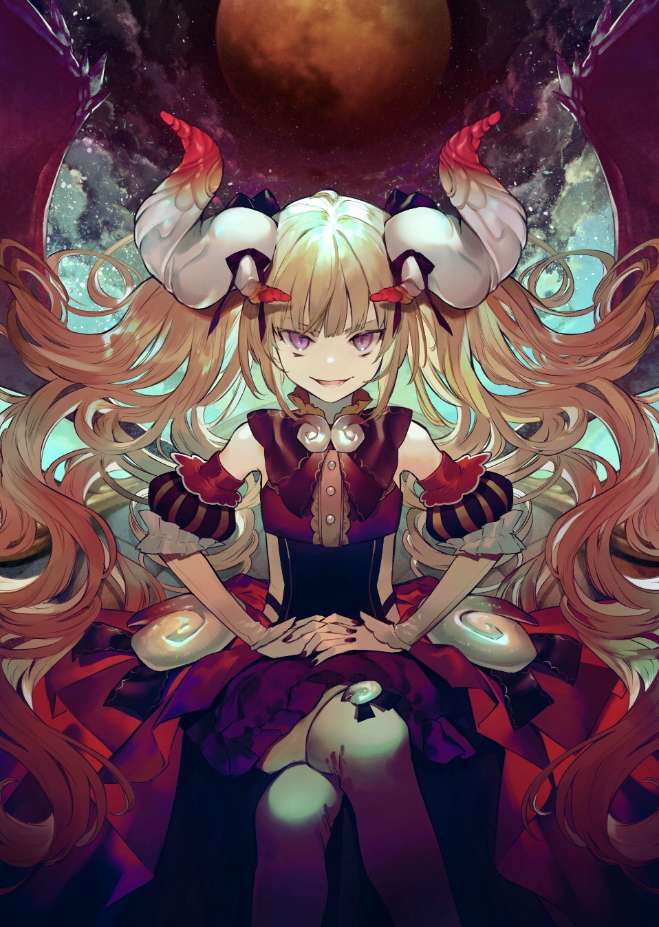 1girl bangs black_bow blonde_hair blunt_bangs bow detached_sleeves flat_chest full_moon highres horns legs_crossed long_hair looking_at_viewer moon nail_polish night night_sky nozaki_tsubata open_mouth original outdoors puffy_sleeves red_nails sitting sky solo thigh-highs very_long_hair violet_eyes white_legwear