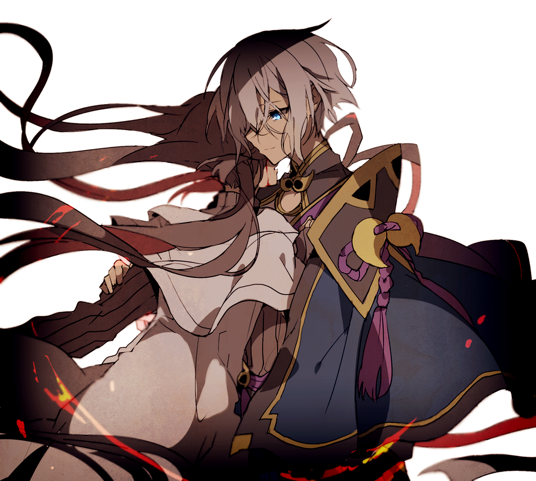1boy 1girl akuta_hinako black_sweater blood blood_on_face blue_eyes brown_hair capelet chinese_clothes commentary_request eyebrows_visible_through_hair fate/grand_order fate_(series) gao_changgong_(fate) hair_between_eyes hair_over_one_eye hand_on_another's_arm hiiragi_fuyuki hug imminent_bite light_smile long_hair ribbed_sweater short_hair simple_background sweater turtleneck turtleneck_sweater vampire very_long_hair white_background white_capelet white_hair