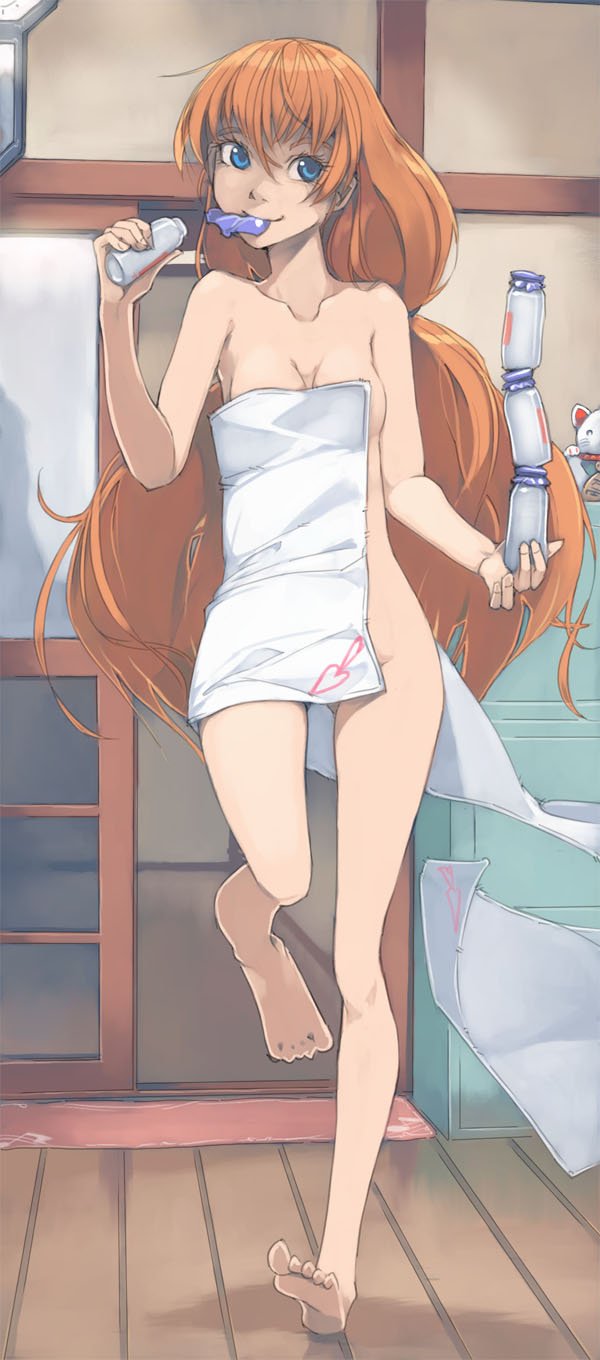 1girl akinbo_(hyouka_fuyou) barefoot blue bottle breasts brown_hair cleavage collarbone eyes hair_between_eyes highres holding houjou_hibiki indoors leg_up long_hair mouth_hold naked_towel precure shiny shiny_hair small_breasts solo standing standing_on_one_leg suite_precure towel very_long_hair white_towel