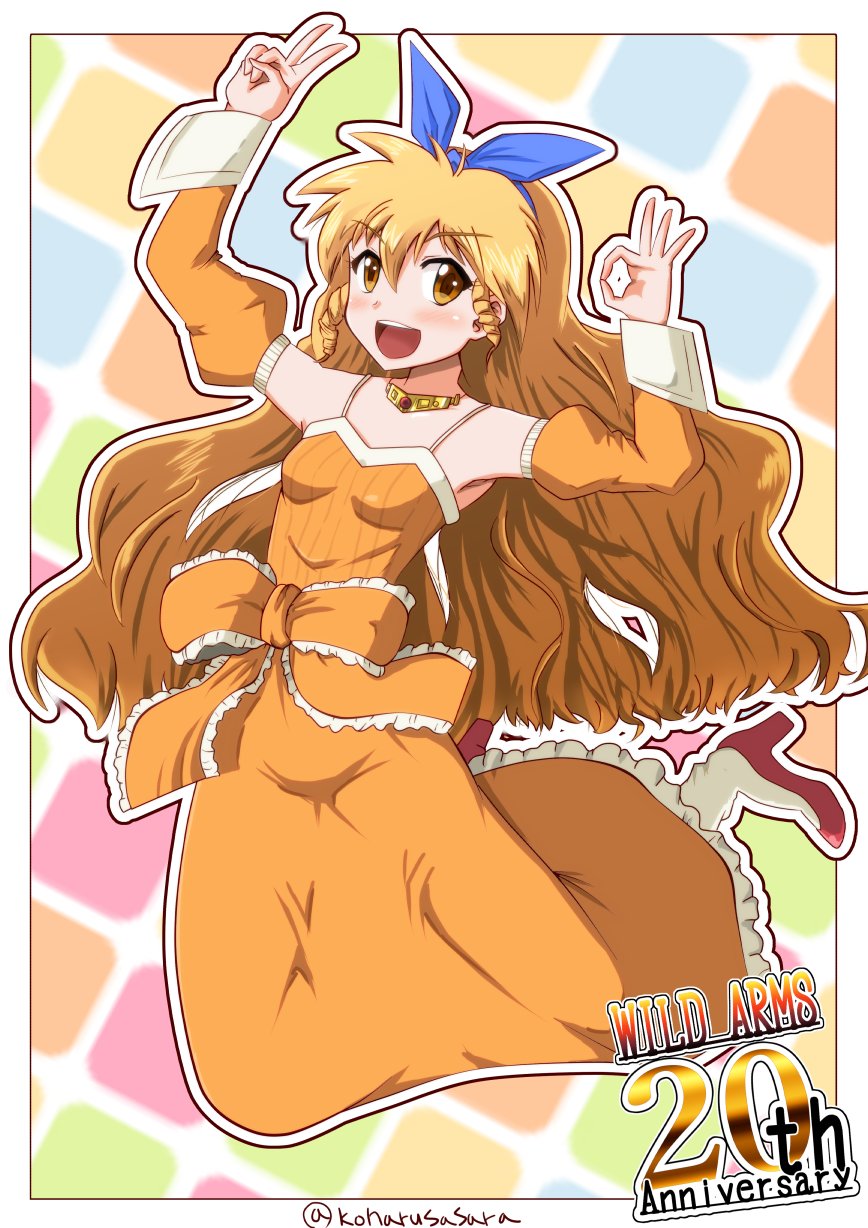 1girl blonde_hair blue_neckwear bow breasts brown_eyes calamity_jane commentary_request detached_sleeves dress drill_hair hair_ribbon hairband highres long_hair open_mouth orange_dress orange_sleeves ribbon sidelocks smile solo wild_arms wild_arms_1