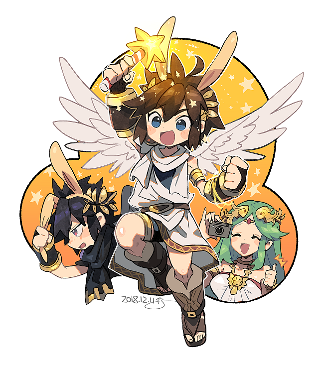 1girl 2boys angel_wings animal_ears animal_hood arm_up black_hair blush boots bracer brown_hair bunny_hood camera circlet dark_pit dated fake_animal_ears green_hair hood kid_icarus kid_icarus_uprising kinako_(462) long_hair multiple_boys nintendo palutena pit_(kid_icarus) short_hair shorts star star_rod super_smash_bros. super_smash_bros._ultimate thumbs_up toeless_boots very_long_hair wings