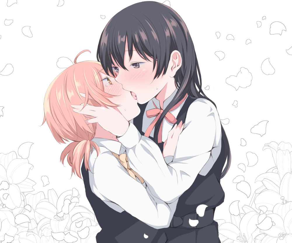 2girls ahoge bangs black_dress black_hair brown_eyes collared_shirt commentary_request dress eye_contact eyebrows_visible_through_hair french_kiss from_side hair_between_eyes hand_on_another's_cheek hand_on_another's_chest hand_on_another's_face kiss koito_yuu long_hair long_sleeves looking_at_another low_twintails multiple_girls nanami_touko open_mouth orange_hair profile red_neckwear school_uniform shichouson shirt short_twintails straight_hair sweat tearing_up tongue tongue_out twintails unfinished_background upper_body white_shirt yagate_kimi_ni_naru yellow_neckwear yuri