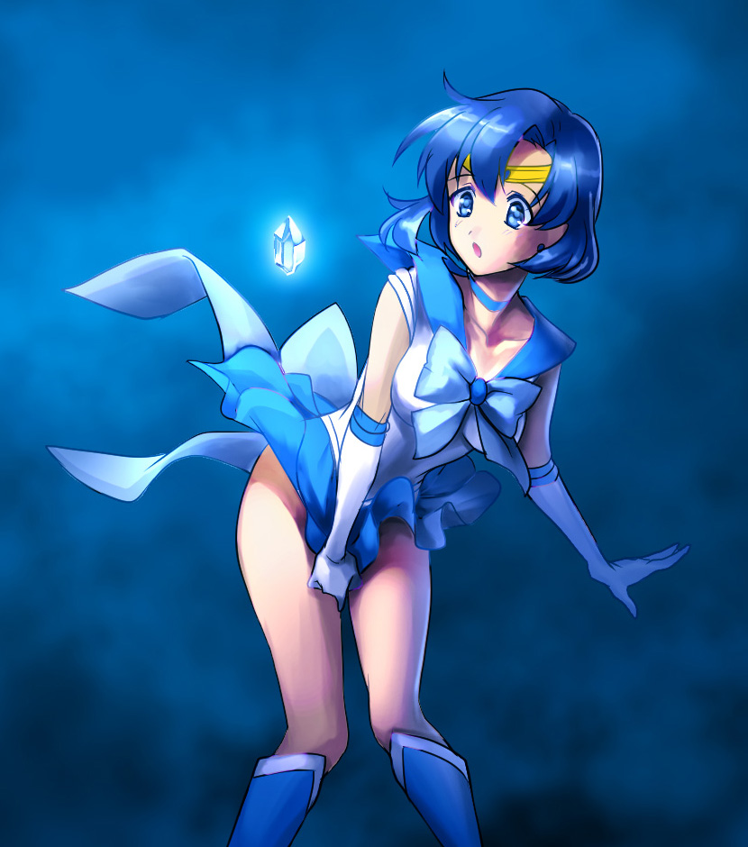 1girl :o bishoujo_senshi_sailor_moon blue_bow blue_eyes blue_footwear blue_hat blue_neckwear blue_ribbon blue_sailor_collar blue_skirt boots bow bowtie chocofox circlet collarbone elbow_gloves gloves hat knee_boots miniskirt neck_ribbon pleated_skirt ribbon sailor_collar sailor_mercury sailor_senshi_uniform shiny shiny_hair shirt short_hair skirt skirt_tug sleeveless sleeveless_shirt solo standing white_gloves white_shirt