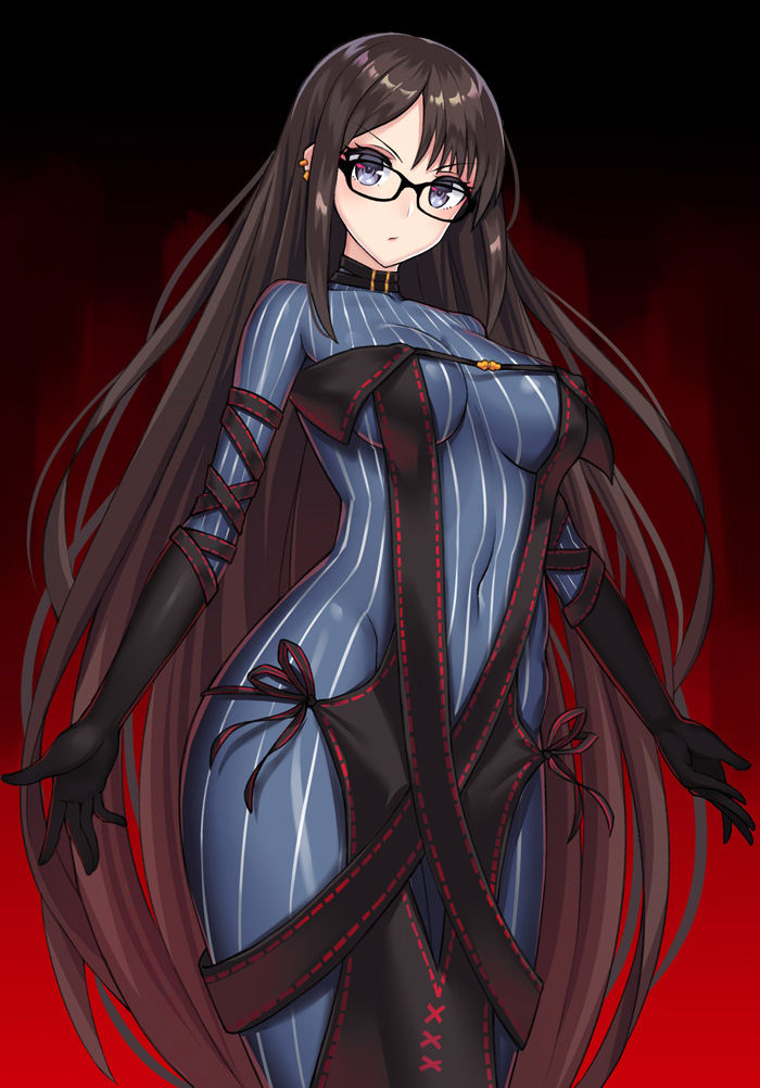 1girl bangs black-framed_eyewear black_dress black_gloves blue_dress blush breasts brown_hair closed_mouth commentary_request consort_yu_(fate) covered_navel dress ear_piercing elbow_gloves eyebrows_visible_through_hair fate/grand_order fate_(series) glasses gloves grey_eyes hair_between_eyes head_tilt long_hair looking_at_viewer medium_breasts piercing qin ribbon-trimmed_dress ribbon_trim solo strapless strapless_dress striped v-shaped_eyebrows vertical-striped_dress vertical_stripes very_long_hair