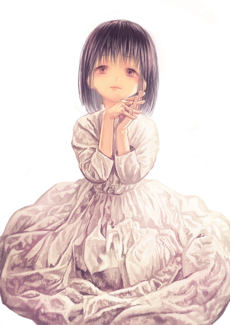 1girl bangs dress eyebrows_visible_through_hair hands_together lips little_chaos long_sleeves looking_at_viewer mablex official_art original purple_hair short_hair simple_background smile solo upper_body violet_eyes white_background white_dress