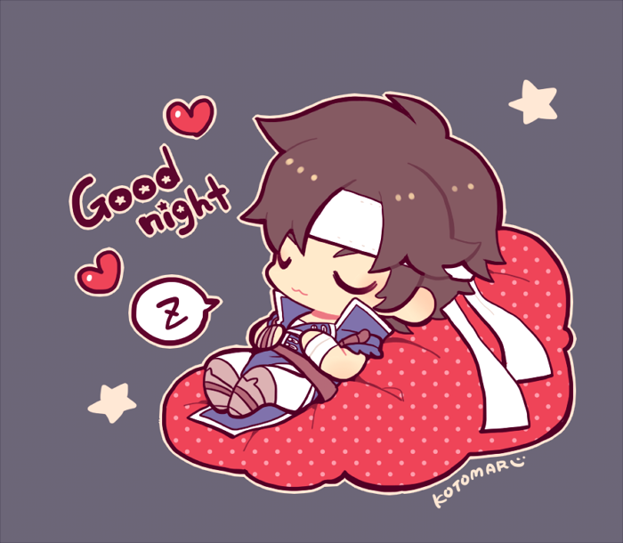 1boy brown_hair cape castlevania castlevania:_rondo_of_blood chibi closed_eyes english_text gloves headband heart konami kotorai male_focus nintendo richter_belmondo short_hair simple_background sleeping smile star super_smash_bros. super_smash_bros._ultimate