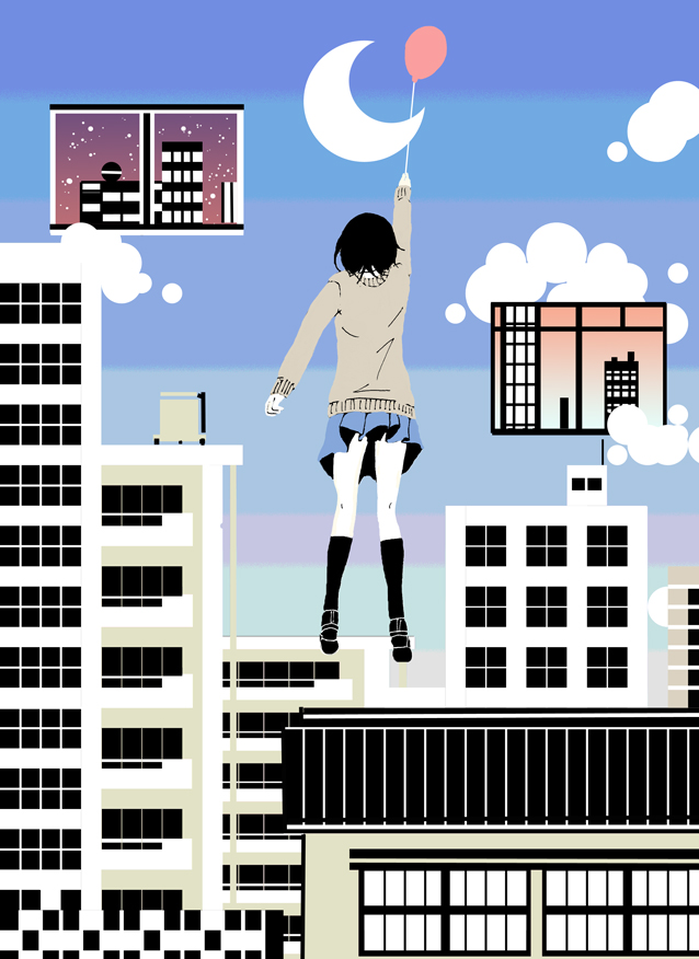 1girl black_footwear black_hair black_legwear black_skirt building city clouds commentary crescent_moon english_commentary from_behind full_body kneehighs long_sleeves moon original pleated_skirt shoes short_hair skirt solo tan_shirt window yokotakumi