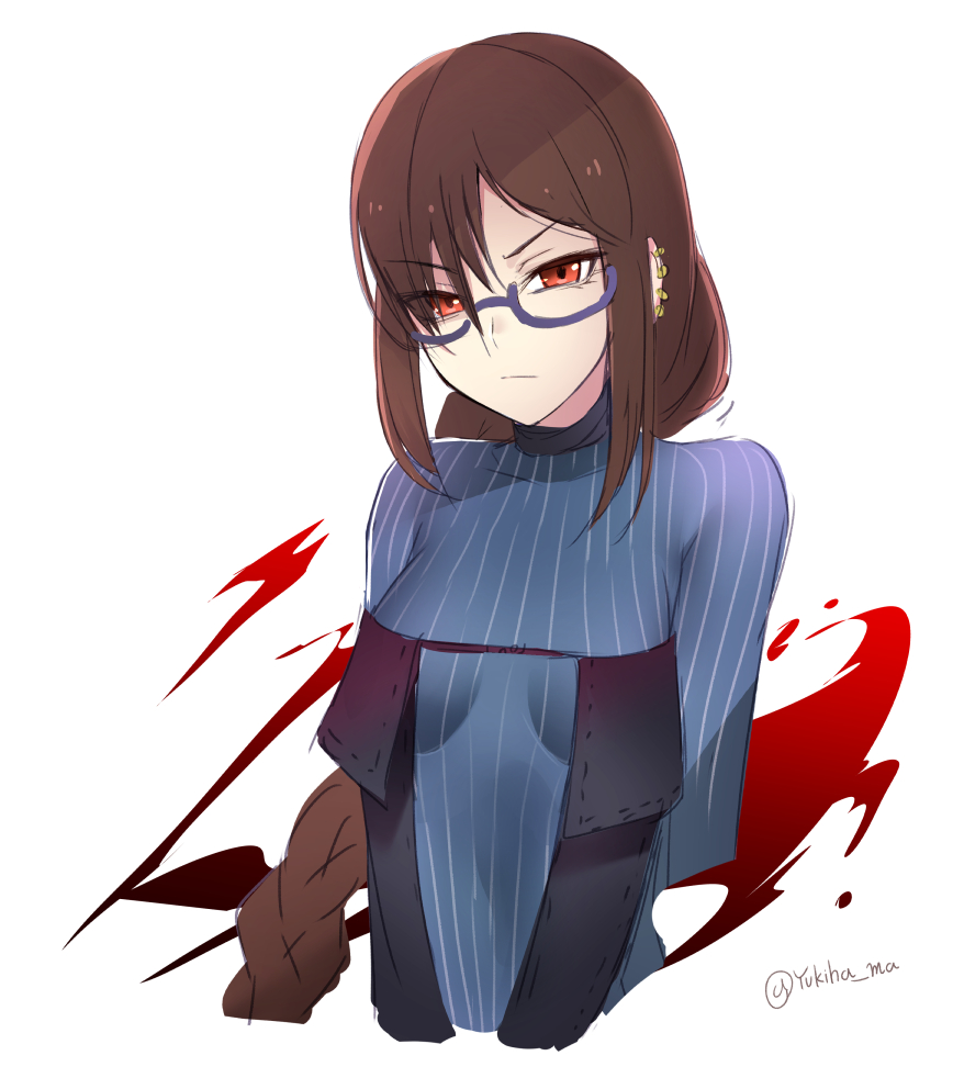 1girl akuta_hinako bangs black_dress blue-framed_eyewear blue_shirt braid breasts brown_hair closed_mouth cropped_torso dress ear_piercing eyebrows_visible_through_hair fate/grand_order fate_(series) glasses hair_between_eyes head_tilt long_hair medium_breasts piercing red_eyes semi-rimless_eyewear shirt single_braid solo strapless strapless_dress striped striped_shirt twitter_username under-rim_eyewear v-shaped_eyebrows vertical-striped_shirt vertical_stripes very_long_hair white_background yukihama