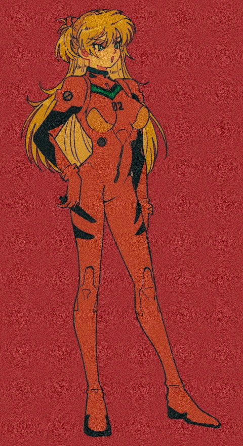1girl bangs bodysuit breasts full_body hair_between_eyes hand_on_hip medium_breasts multicolored multicolored_clothes neon_genesis_evangelion number open_mouth orange_hair pikurusu pilot_suit plugsuit red_background red_bodysuit simple_background skin_tight solo souryuu_asuka_langley standing
