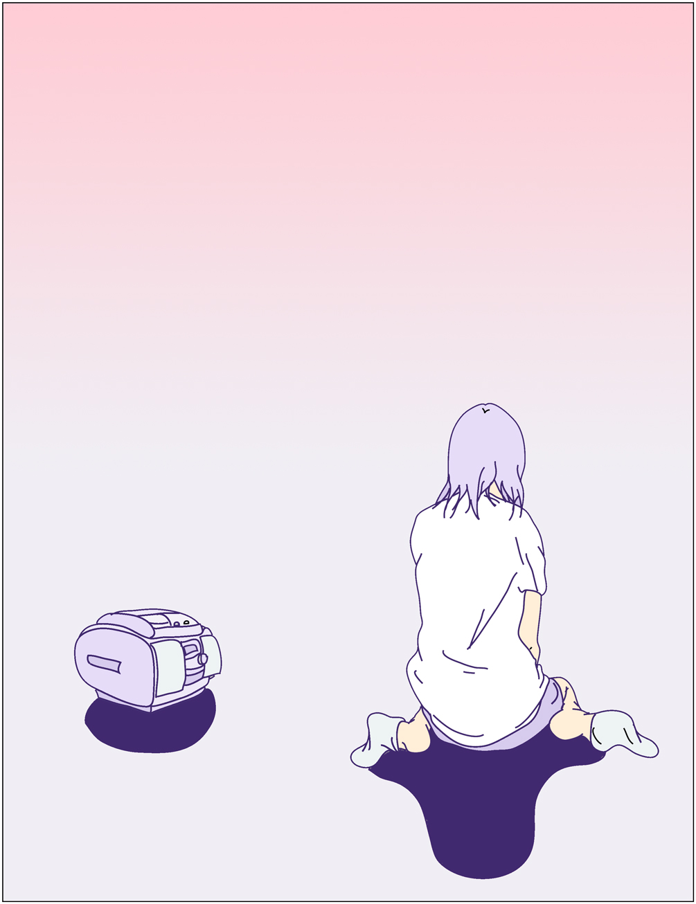 1girl black_border border commentary english_commentary from_behind full_body gradient gradient_background highres mixed-language_commentary original purple_hair purple_shorts shirt short_hair short_sleeves shorts simple_background socks solo white_legwear white_shirt yokotakumi