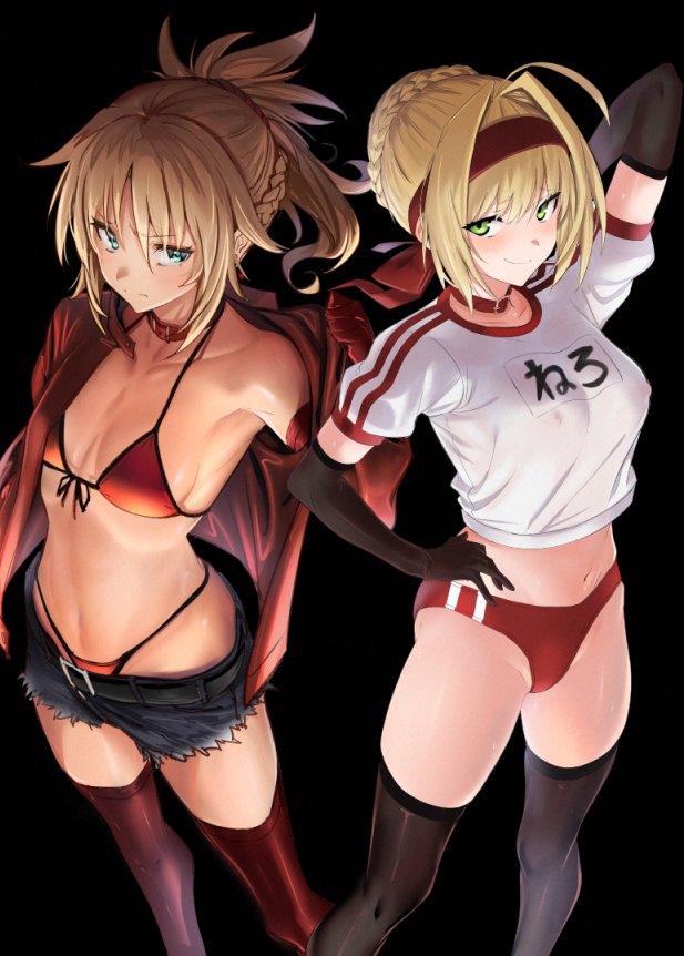 2girls ahoge arm_up bangs bare_shoulders belt bikini black_background black_gloves black_legwear blonde_hair blush braid breasts buruma cleavage closed_mouth collar collarbone cutoffs denim denim_shorts elbow_gloves fate/apocrypha fate/extra fate/grand_order fate_(series) french_braid gloves green_eyes gym_uniform hair_between_eyes hair_intakes hairband hand_on_hip headband hips jacket large_breasts long_hair looking_at_viewer mordred_(fate) mordred_(fate)_(all) multiple_girls name_tag navel nero_claudius_(fate) nero_claudius_(fate)_(all) olympian_bloomers open_clothes open_jacket ponytail red_bikini red_buruma red_gloves red_jacket red_legwear short_sleeves shorts simple_background small_breasts smile swimsuit thigh-highs thighs ulrich_(tagaragakuin)