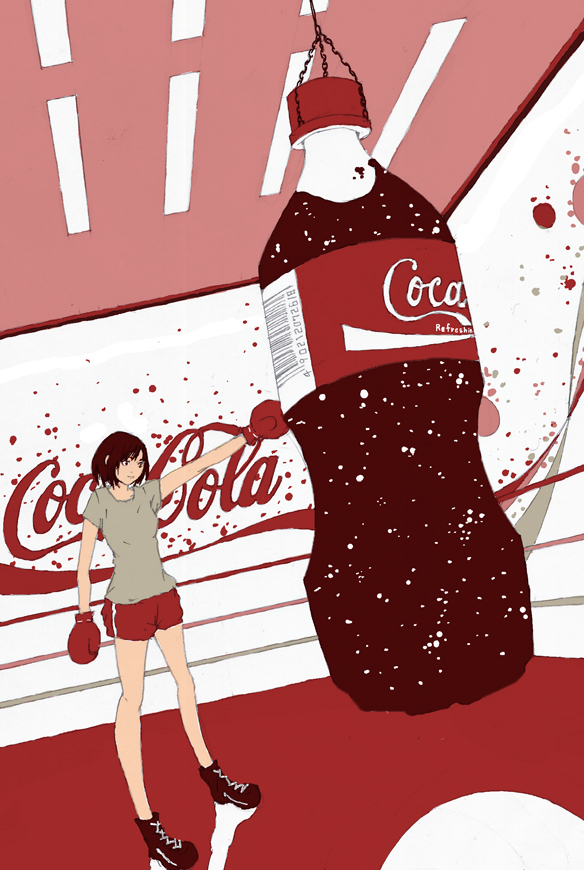 1girl barcode boots bottle brown_shirt chains coca-cola commentary_request grey_shirt original punching punching_bag red_shorts shirt short_sleeves shorts solo standing yokotakumi