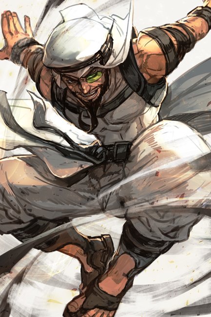 1boy bare_shoulders beard belt facial_hair grin hankuri jumping looking_at_viewer male_focus monocle pants rashid_(street_fighter) sandals smile solo street_fighter turban white_pants